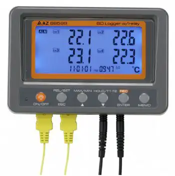 88599 AZ 4通道K型熱電偶&amp;熱敏電阻溫度記錄器, SD卡, 繼電器, 免軟體