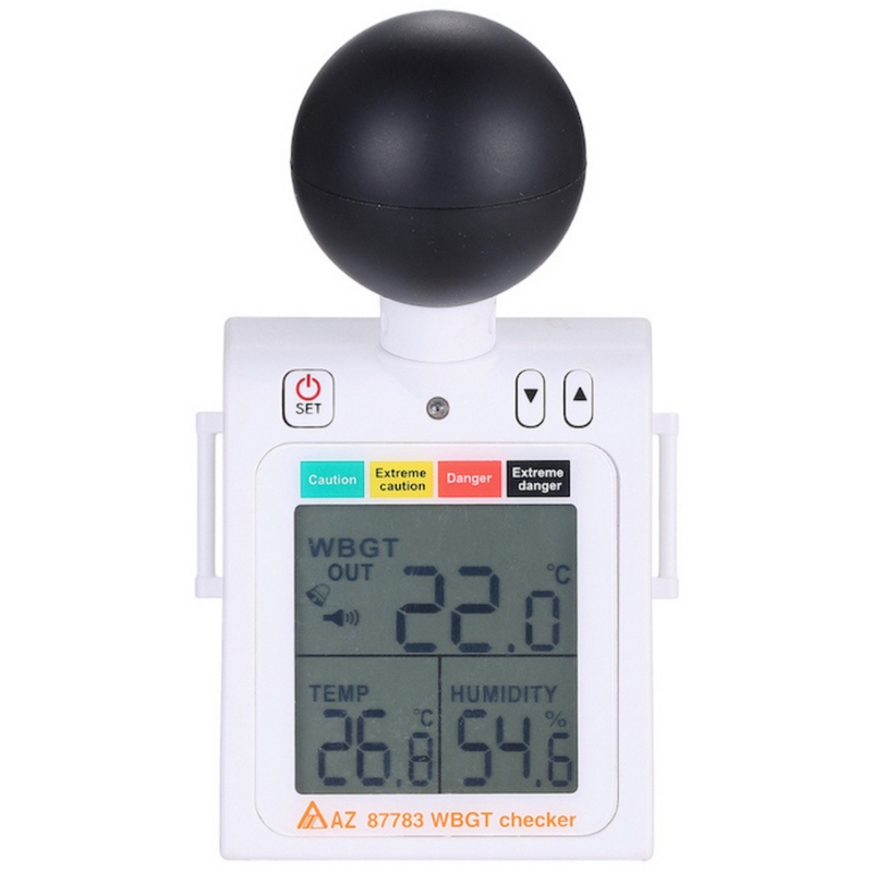 AZ 87783 Wearable WBGT Meter showing the large LCD display with temperature, humidity, and heat stress levels.