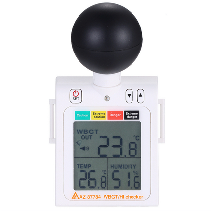 Medidor de índice de calor WBGT portátil AZ 87784 en pantalla LCD grande con indicación de niveles de temperatura, humedad y estrés térmico.
