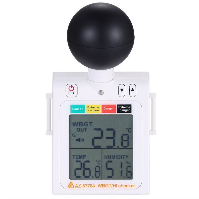 AZ 87784 Wearable WBGT Heat Index Meter in large LCD display with temperature, humidity, and heat stress levels indication.