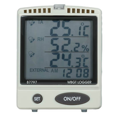 Vista frontal del registrador de datos de tarjeta SD 87797 AZ WBGT que muestra una pantalla LCD grande que muestra el índice de estrés térmico, la temperatura ambiente y el zumbido relativo.