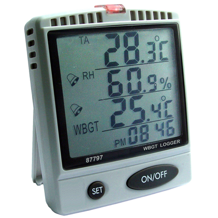 Vista lateral do medidor de estresse térmico 87797 AZ, destacando o slot para cartão SD integrado para registro contínuo de dados ambientais e fácil transferência de dados via TXT.