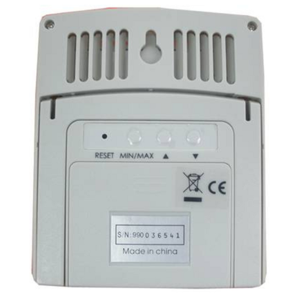 Vista traseira do registrador de dados de mesa 87797 AZ, mostrando o compartimento da bateria, os orifícios para montagem na parede e o suporte para monitor flexível do índice de calor interno.