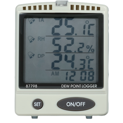 Front view of 87798 AZ Dew Point SD Card Data Logger showing large LCD screen displaying Dew Point, ambient temperature, and relative humidi