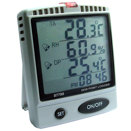 Primer plano de la pantalla del monitor 87798 AZ que presenta dígitos digitales de alto contraste y el indicador de alarma LED rojo brillante para punto de rocío alto.