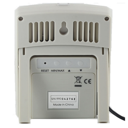 Rückansicht des AZ 87799 Temperatur-/RH-Datenloggers mit kompaktem Design zur Wandmontage oder Tischaufstellung für die Umgebungsüberwachung.