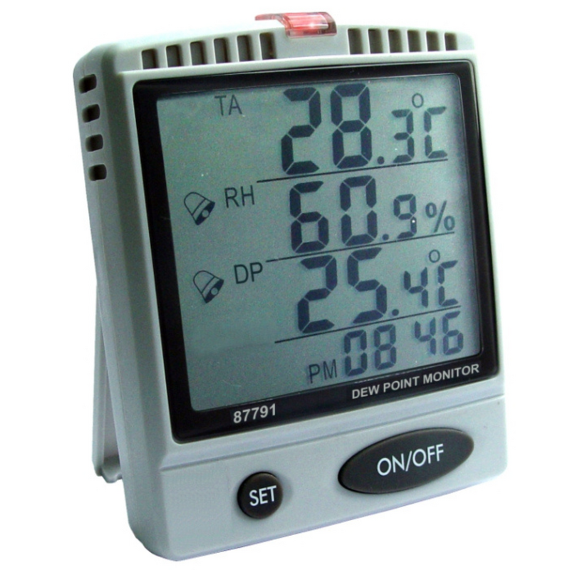 Front view of AZ 87791 monitor showing the large LCD display with real-time temperature, humidity, and clock readings.