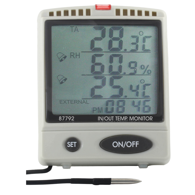 O monitor de temperatura e umidade AZ 87792 possui um grande visor LCD que exibe claramente os dados climáticos internos e externos.
