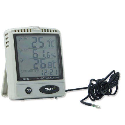 Higrômetro profissional AZ 87792 com sonda externa de 2 metros para monitoramento preciso da temperatura em áreas remotas ou fechadas.