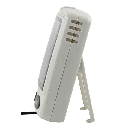 Vista traseira do monitor de dados de temperatura/umidade relativa AZ 87792, com design compacto para monitoramento ambiental em parede ou mesa.