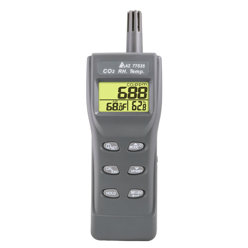 Frontalansicht des Messgeräts AZ 77535, das gleichzeitig NDIR-CO2-, Temperatur- und Feuchtigkeitsmesswerte auf einem hintergrundbeleuchteten LCD-Display anzeigt.