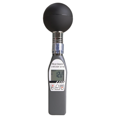 Portable AZ 8778 series WBGT meter featuring a 75mm black globe and digital display showing real-time heat stress indication.