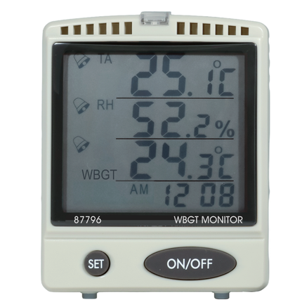 Monitor AZ 87796 WBGT que muestra la gran pantalla LCD con índice de estrés térmico, temperatura ambiente y lecturas de humedad en tiempo real.