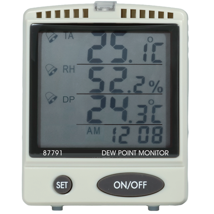 Front view of AZ 87791 monitor showing the large LCD display with real-time temperature, humidity, and clock readings.