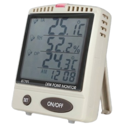 Angled view of the desktop hygrometer showcasing its slim profile and sturdy stand for stable environmental monitoring.