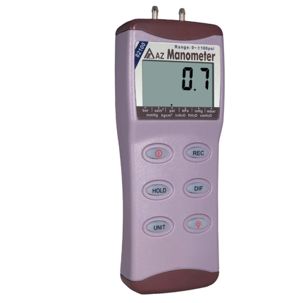 Manômetro digital AZ 82100, vista frontal com visor LCD e 11 unidades para monitoramento abrangente de pressão.
