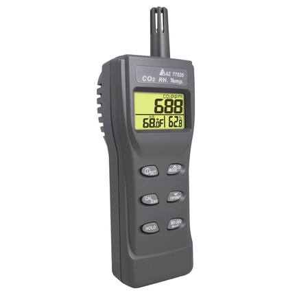 Compact and ergonomic AZ 77535 portable air quality meter, highlighting the rugged housing and side ventilation for fast response.
