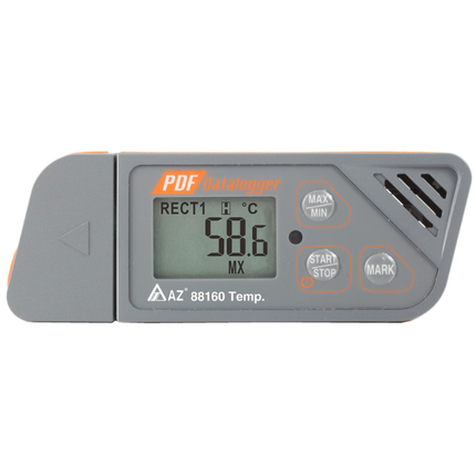 AZ 88160 digital temperature logger showing real-time temperature on LCD screen.