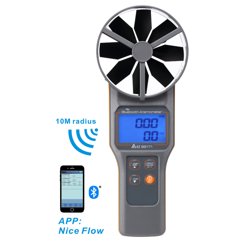 AZ 89171 藍牙風速計配備 10 公分大葉輪與無線連線功能，具備風量、溫度及相對濕度（RH）測量能力。