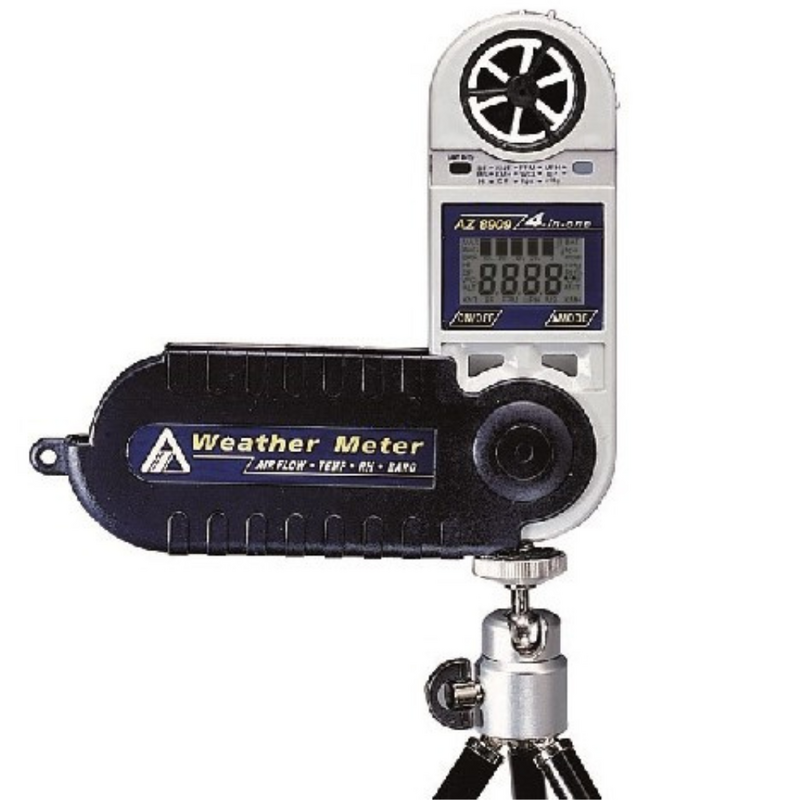 AZ 8909 barometric wind meter set up on a tripod for long-term weather and pressure tracking.