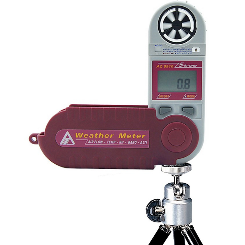 AZ 8910 Barometric Anemometer mounted on a tripod for mountain weather station simulation.