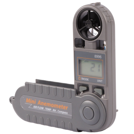 Compact AZ 8996 pocket anemometer in its folded Swiss-knife design, highlighting its portable, shock-proof, and space-saving construction.