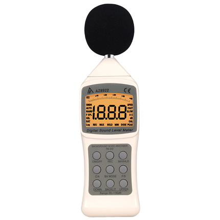 AZ 8922 噪音計正面外觀，配備高清晰 LCD 藍色背光。