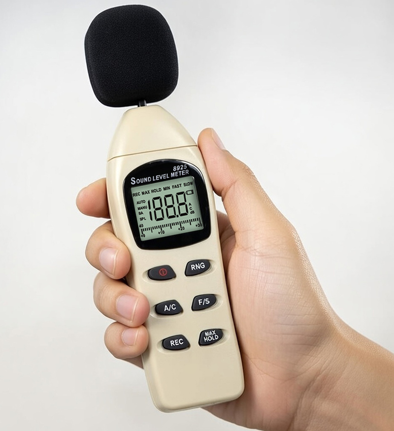 手持式 AZ 8925 噪音計，配備專業防風罩與 LCD 顯示螢幕。