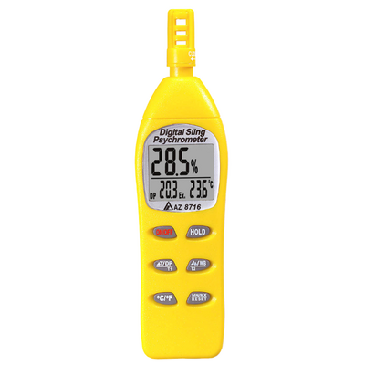 8716 AZ 具備 T2-DP (溫度與露點差值) 顯示功能，可用於評估結露風險的乾濕計
