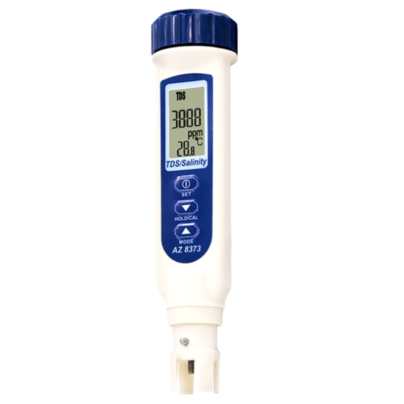 AZ 8373 鹽度與 TDS 筆式測試儀，具備基於電導率（EC）的靈活轉換功能，適用於水質檢測