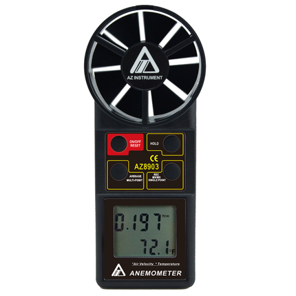 AZ 8903 handheld anemometer LCD screen displaying real-time wind speed and air temperature readings for HVAC testing.