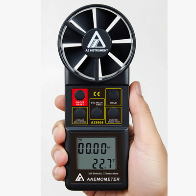 Anemómetro digital portátil AZ 8904 que muestra la velocidad del viento y la temperatura en una gran pantalla LCD.