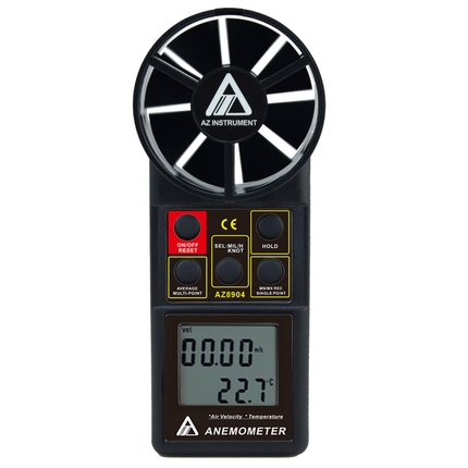 AZ 8904 handheld anemometer LCD screen displaying real-time wind speed and air temperature readings for HVAC testing.
