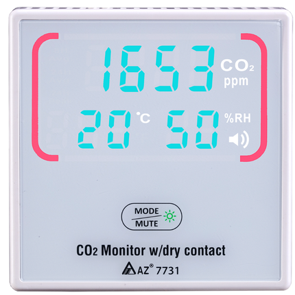 AZ 7731 monitor with a red LED indicator, alerting high CO2 levels that require immediate ventilation or air exchange.