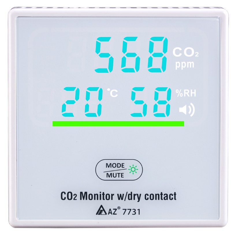 AZ 7731 偵測器顯示綠色 LED 指示燈，表示室內空氣品質良好，且 CO2 濃度處於安全水平。