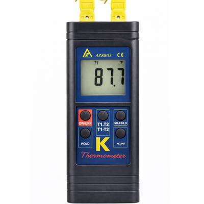 Termómetro tipo K de doble canal 8803 AZ que muestra la diferencia de temperatura T1-T2 para análisis de sistemas HVAC.