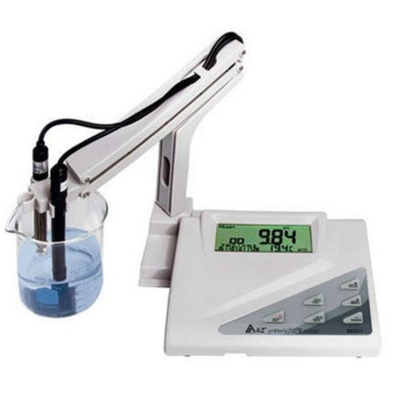 Medidor de pH de sobremesa AZ 86501 con sonda de pH y soporte.