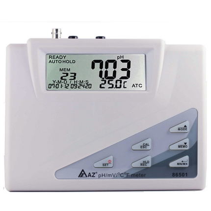 Medidor de pH de sobremesa AZ 86501 con pantalla LCD clara, muestra pH y temperatura.
