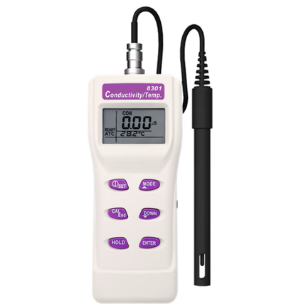 Front view of AZ 8301 Conductivity &amp; Temp. Meter with probe for water testing.