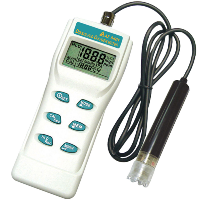 Medidor portátil de oxigênio dissolvido AZ 8401 com visor digital e sonda para testes precisos da qualidade da água.