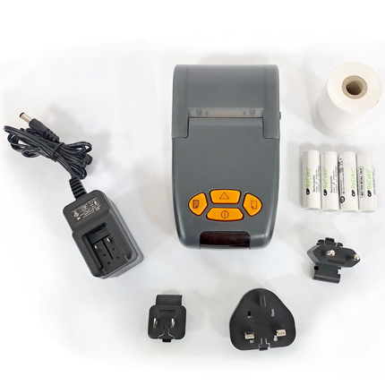 Accesorios estándar para la impresora AZ 88998, que incluyen adaptador de 9V, baterías recargables y papel térmico.