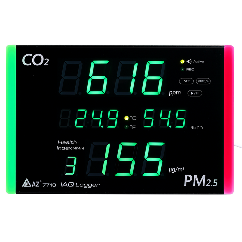 AZ 7710 PM2.5 and CO2 Datalogger with Green CO2 indicator and Red PM2.5 hazardous alert on LED display.