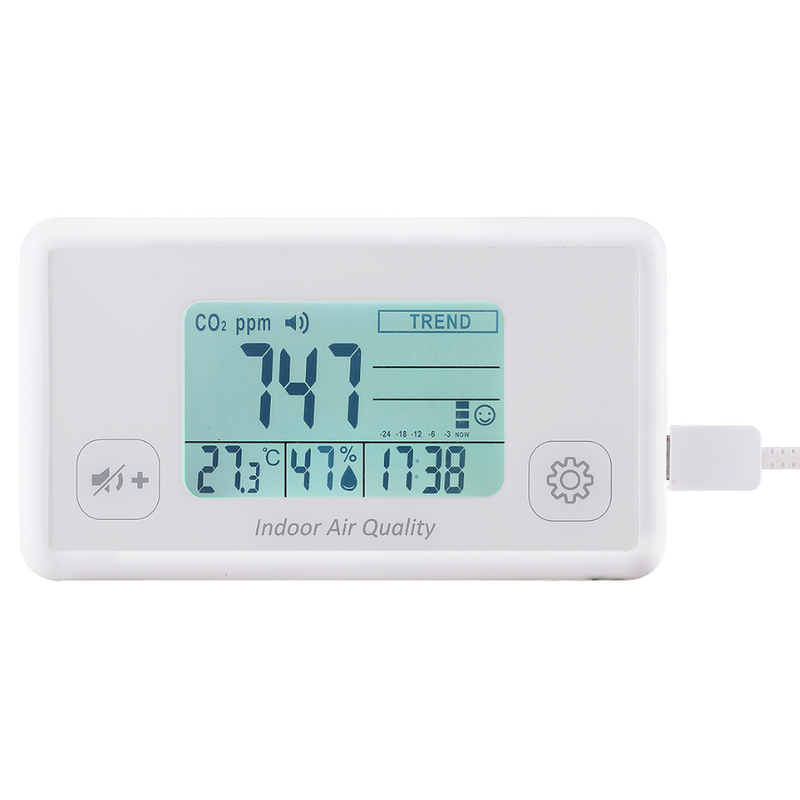 Front view of AZ 7727 CO2 Monitor with large LCD display showing real-time CO2, temp, and humidity.