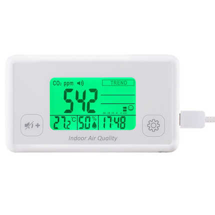 AZ 7727 CO2 monitor displaying a green backlight, indicating good indoor air quality.