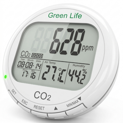 AZ 7787 CO2モニターの側面図。人間工学に基づいたデスクトップでの視認性を高めるため、15度の傾斜角度が設けられています。