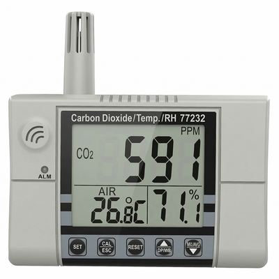 Vorderansicht des AZ 77232 CO2-Monitors mit Echtzeit-NDIR-Sensordaten zur Steuerung der Raumluftqualität und der Belüftung.
