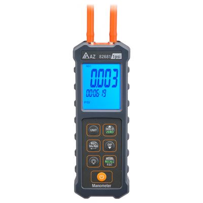 Vista frontal del manómetro digital AZ 82681 con retroiluminación para pruebas de baja presión de alta precisión de 1 psi.