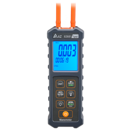 Vista frontal del manómetro digital AZ 82681 con retroiluminación para pruebas de baja presión de alta precisión de 1 psi.