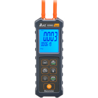 Vista frontal del manómetro digital AZ 82682 con retroiluminación para pruebas de baja presión de alta precisión de 6 psi.