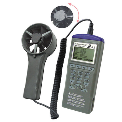 AZ 9671 anemometer with a built-in RH% sensor protector on the remote vane probe for durable humidity and air flow measurement.